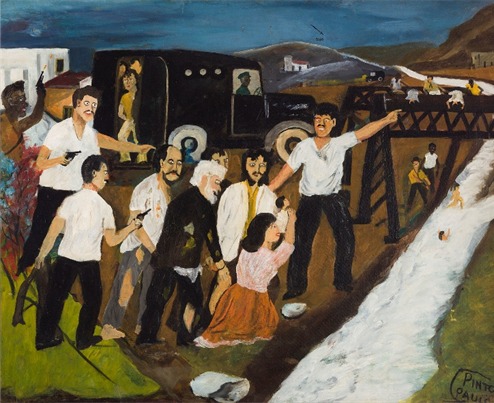 Na tela, pessoas estão assustadas, olhando para um rio