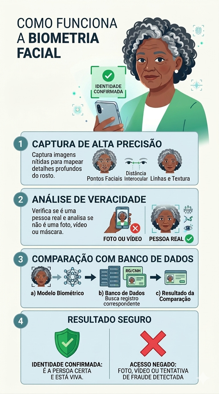 Infográfico vertical intitulado "Como funciona a biometria facial". O design usa fundo off-white e blocos em tons pastéis de azul e verde. No topo à direita, há uma ilustração de uma mulher negra idosa (60+ anos), com cabelos grisalhos curtos e crespos, ve