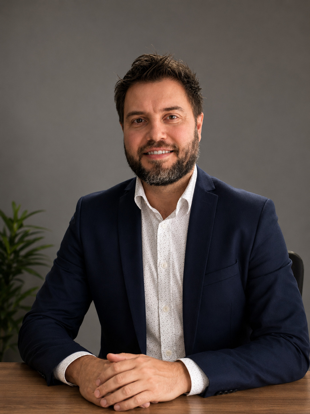 Foto do Fernando Eduardo Cardoso em sua mesa sorrindo para a foto