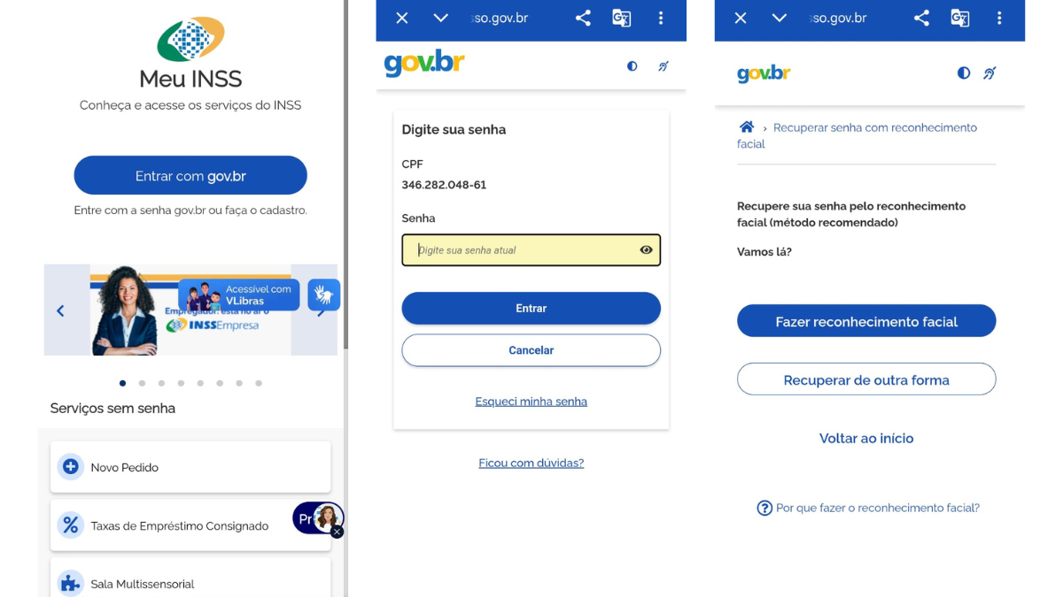 captura de tela que mostra processo inicial de recuperação de conta do Meu INSS/Gov.br