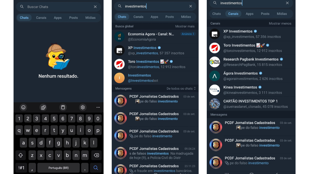 Passos de um tutorial sobre como achar canais no telegram