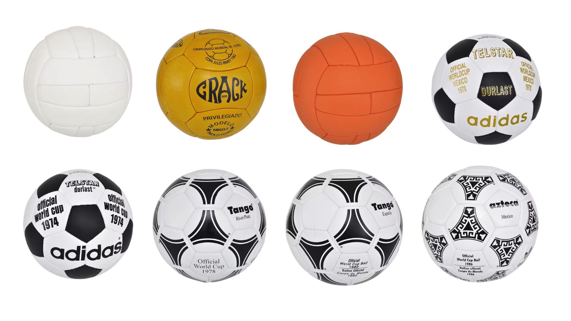 Top Star (58), Mr Crack (62), Challenge 4-Star (66), Telstar (70), Telstar Durlast (74), Tango Durlast (78), Tango España (82) e Azteca (86)
