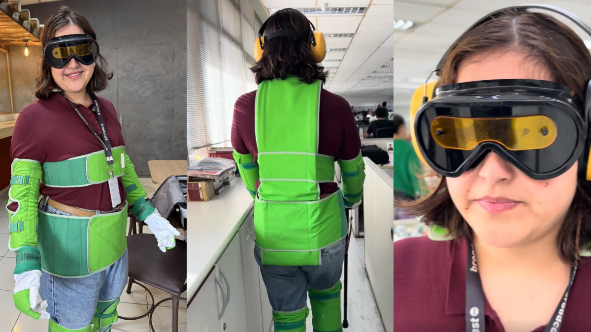 Fotos do equipamento de empatia no corpo de uma pessoa, de cores verdes, são talas espalhadas pelas pernas, costas e braços
