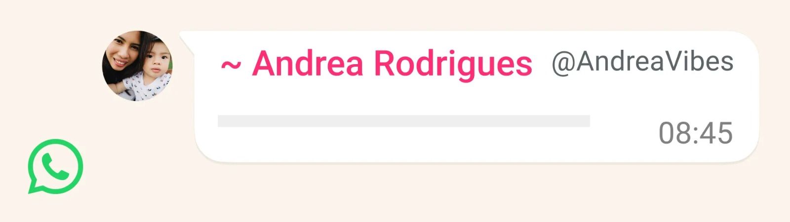 Mensagem de Andrea Rodrigues na qual, no lugar do número, se lê "@Andreavibes"