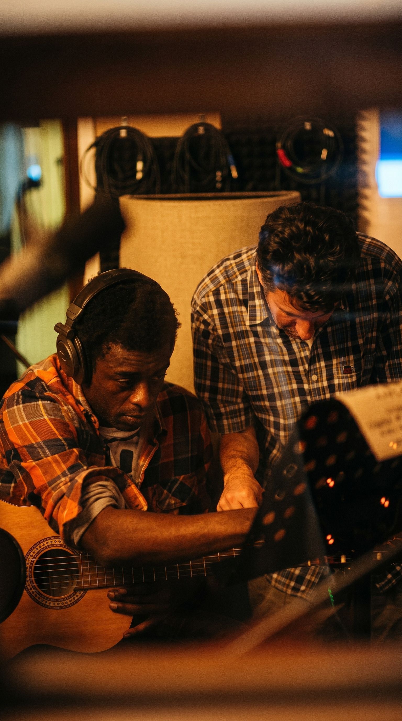 Seu Jorge está em estúdio olhando para baixo, com uma pessoa ao lado
