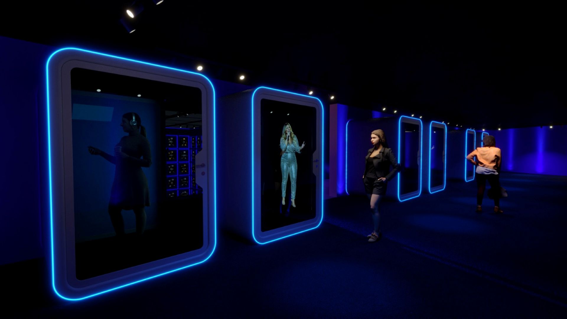 Espaço azul, com projeção de Marília Mendonça e neon