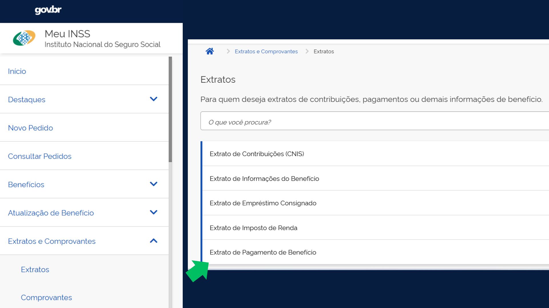 Aba com o extrato de pagamento no site do Meu INSS