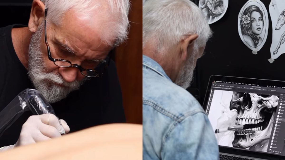 Toni Cotrim tatuando uma pessoa e ao lado ele editando o desenho de uma tatuagem no computadorq