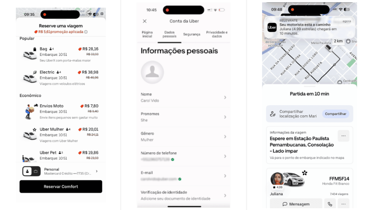 captura de tela do processo de selecionar Uber Mulher