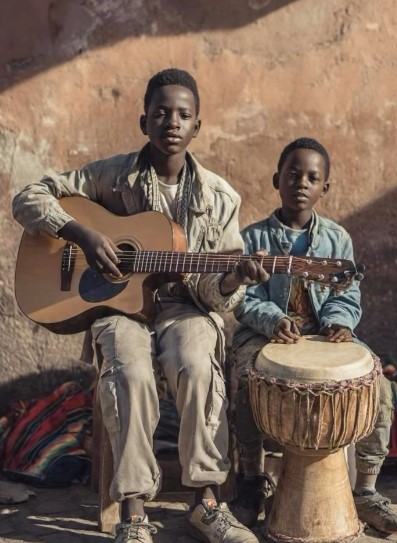 Dois garotos em rua de Luanda; um toca violão e outro, batuque