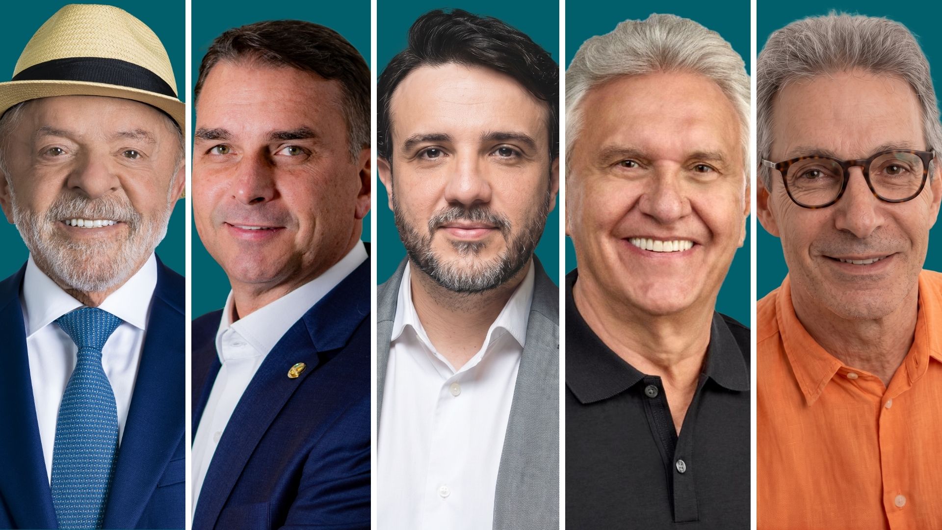 Os candidatos com mais expressão de intenção de voto são: Lula (PT), Flávio Bolsonaro (PL), Renan Santos (Missão), Caiado (PSD) e Zema (Novo)