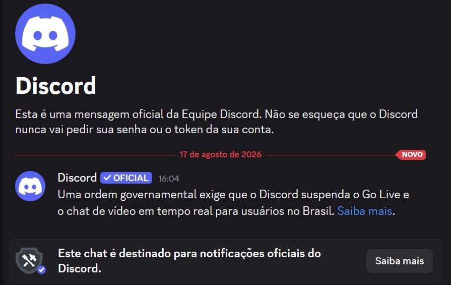 Captura de tela da afirmação do Discord