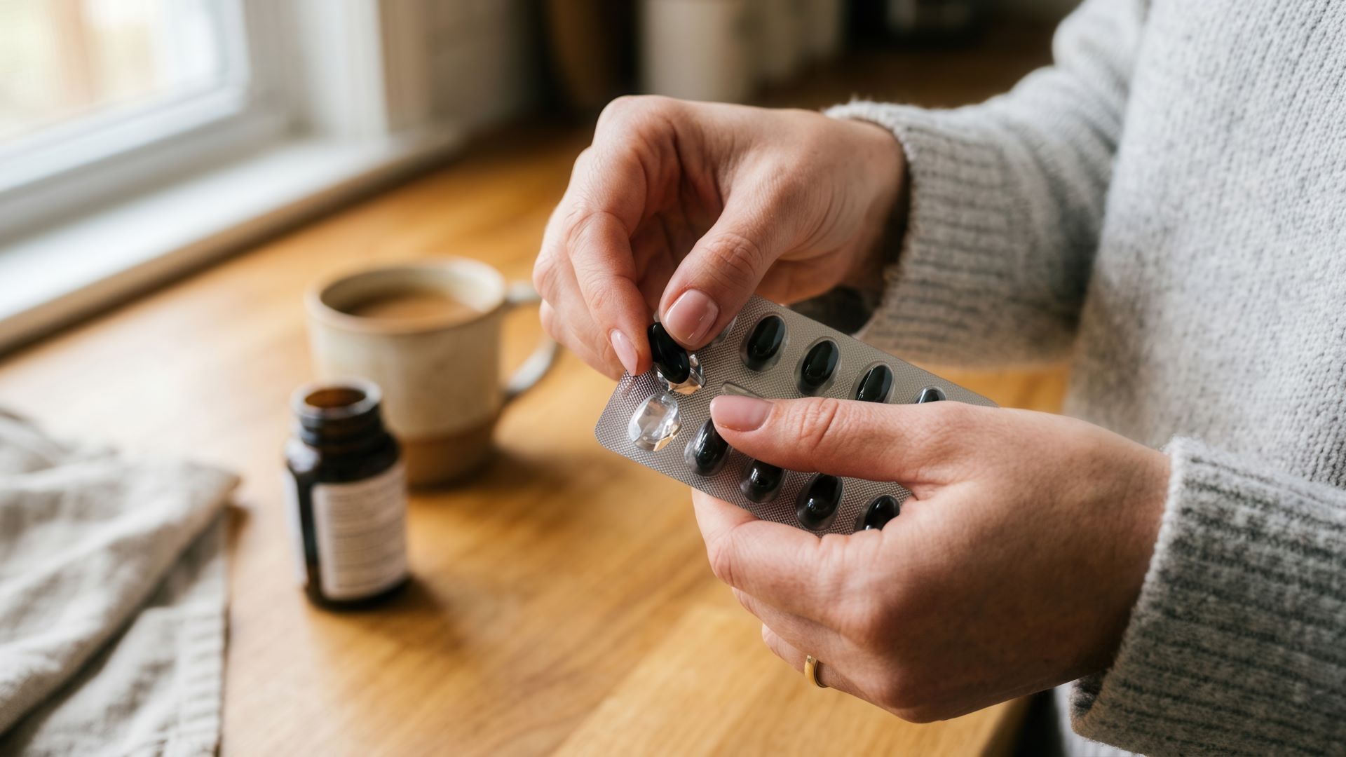 Mãos de mulher retiram comprimido de uma cartela de medicamento em frente a um vidro de xarope e e uma xícara de cafe colocados sobre uma mesa de madeira