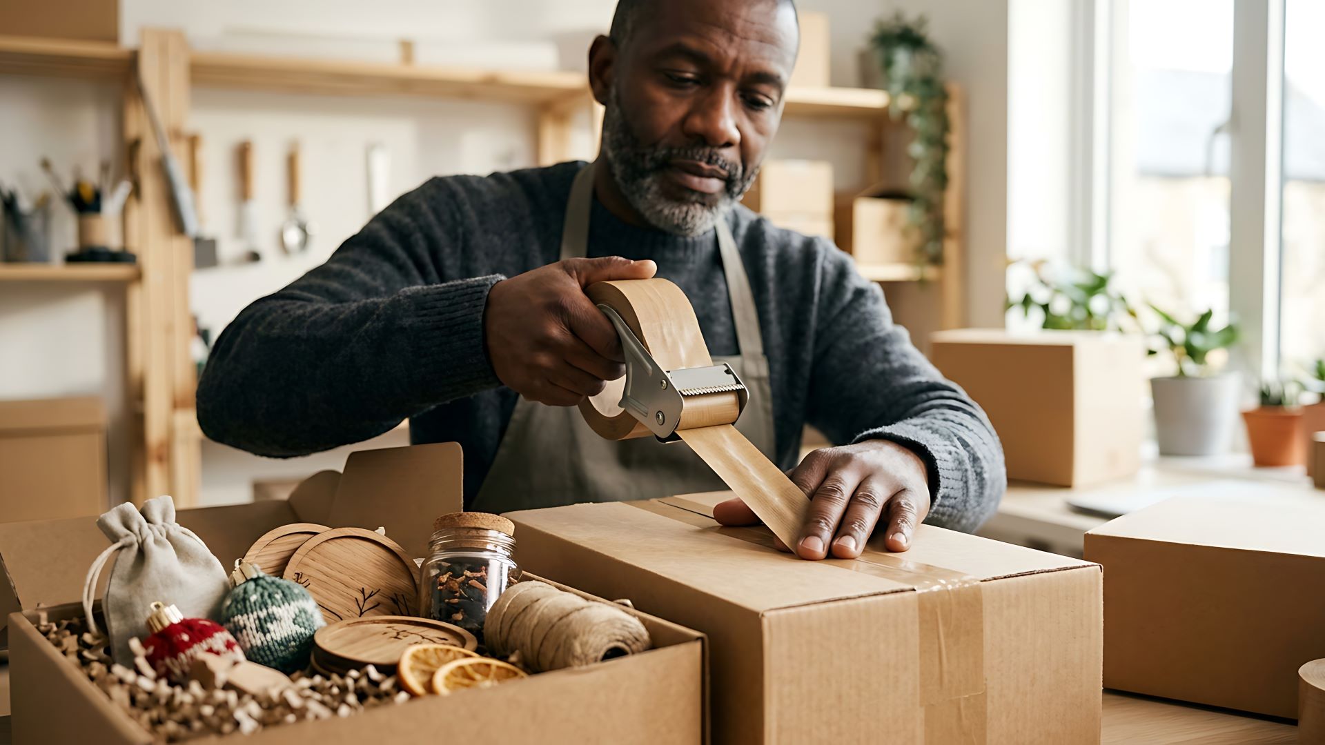 Homem negro 50+ fecha uma caixa de produtos com fita adesiva ao lado de uma outra aberta com produtos à mostra