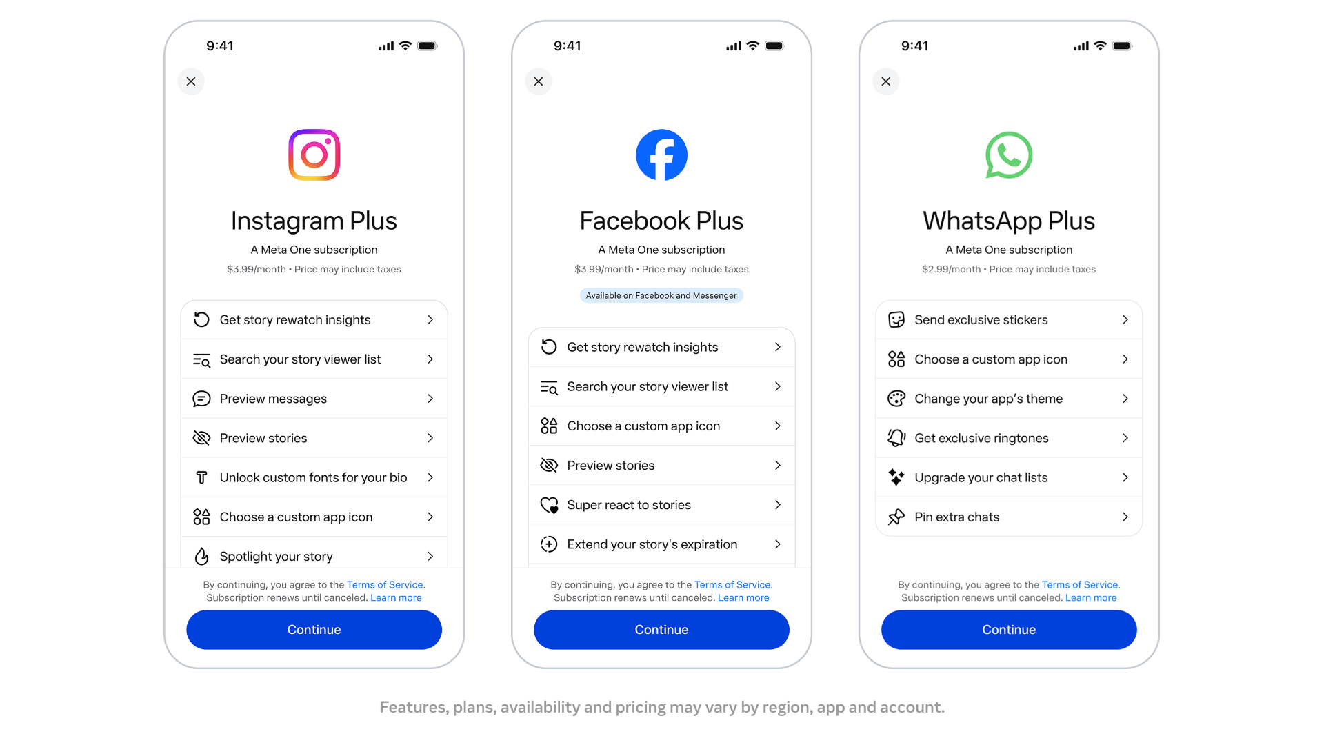 captura de telas dos planos de plus do Instagram, Facebook e Whatsapp