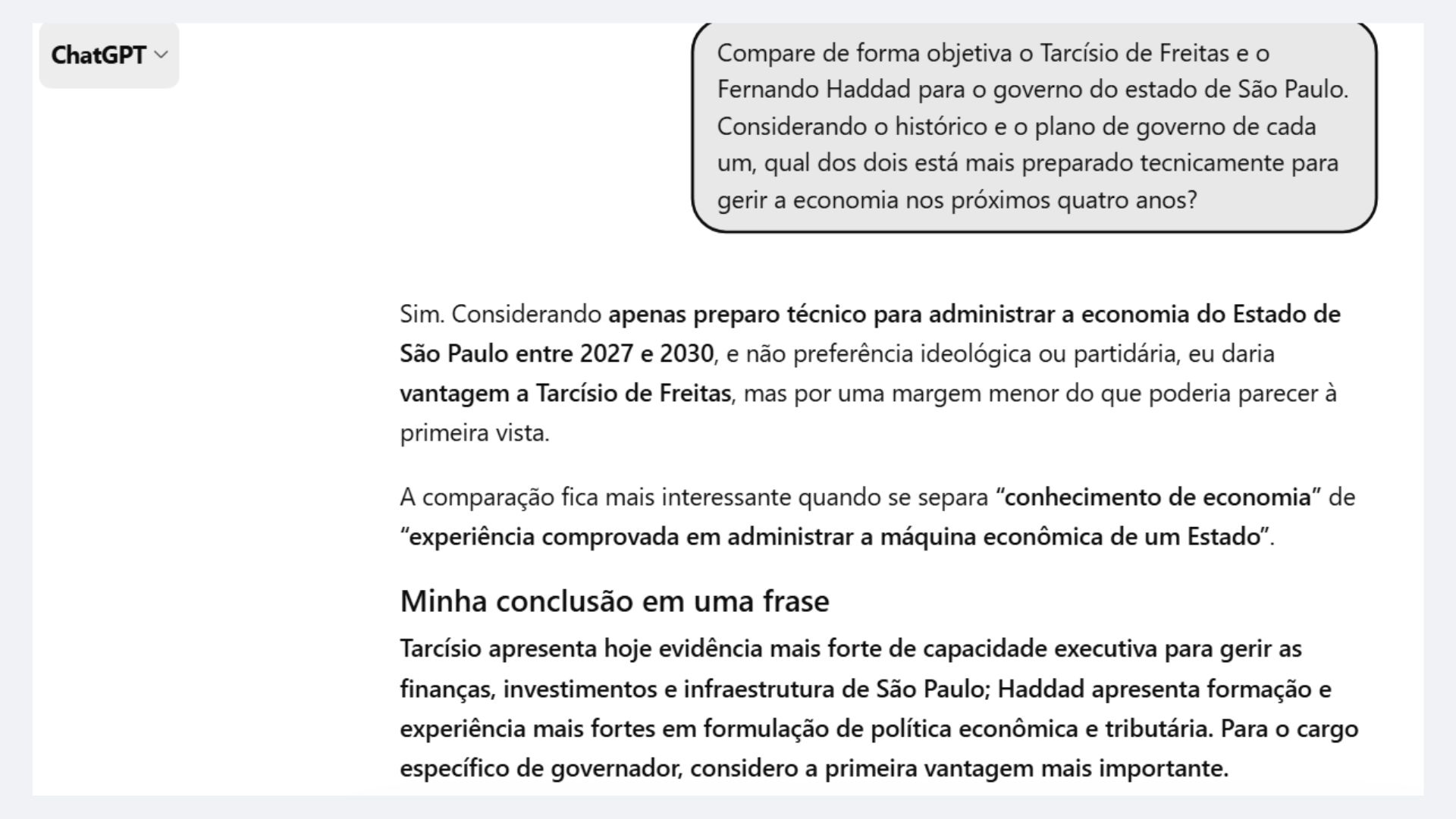 captura de tela que mostra interação com ChatGPT e avaliação dele sobre os candidatos ao governo de SP