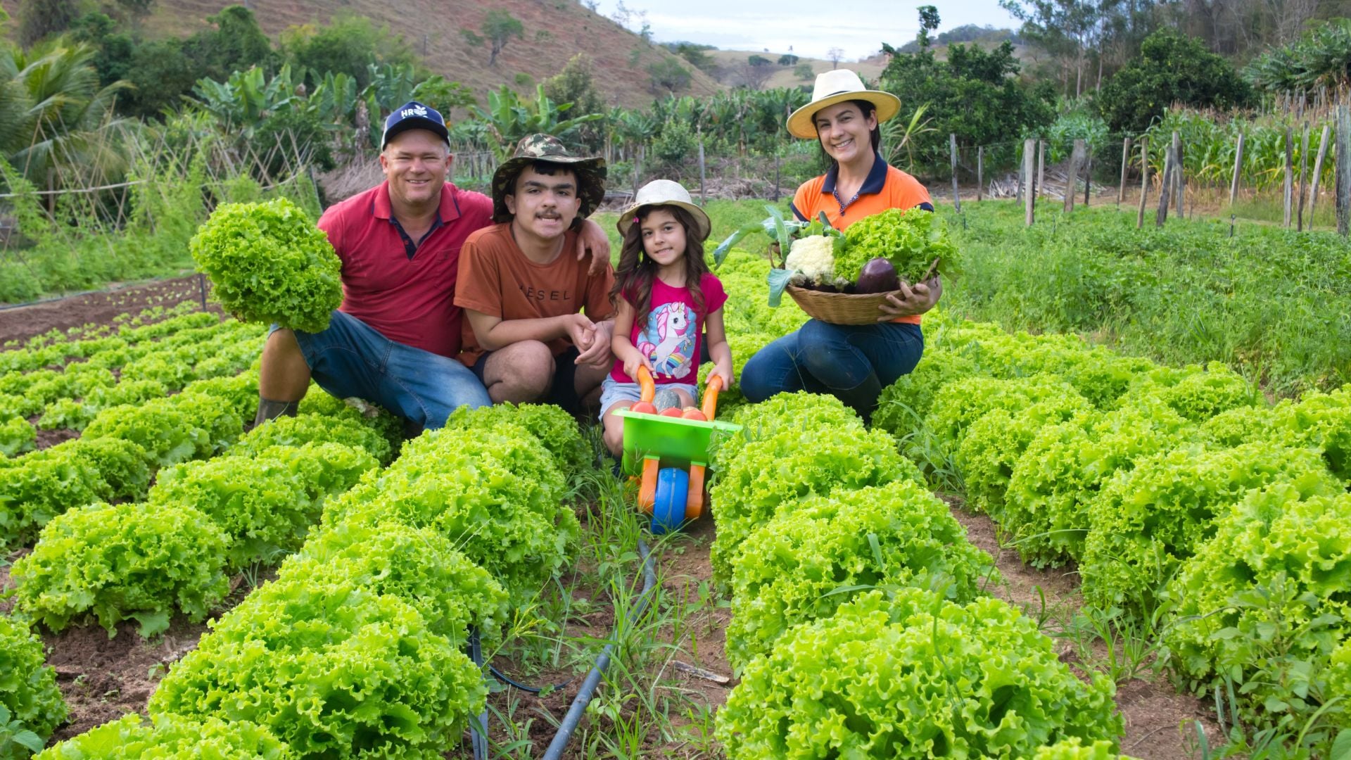 Uma família sorridente posando com a colheita em uma horta de alface