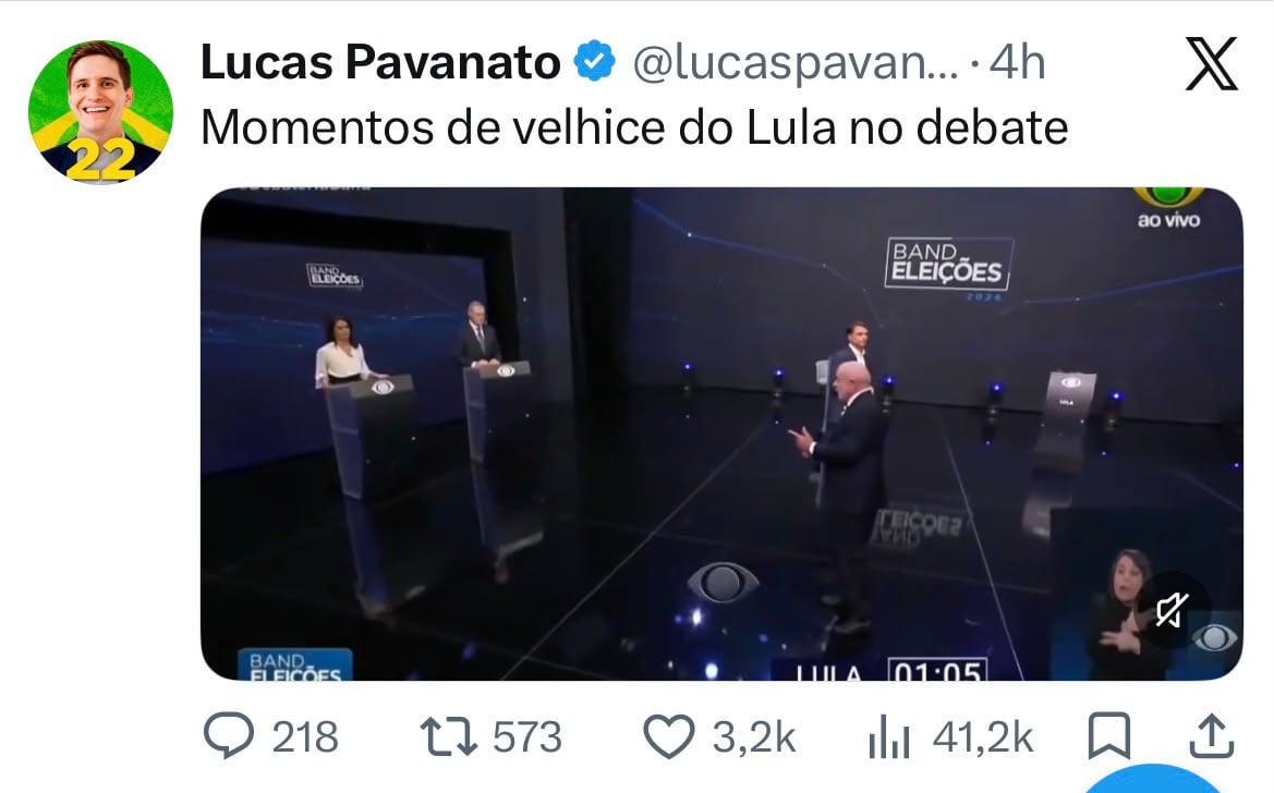 Postagem de Lucas Pavanato no X traz vídeo do debate na TV e legenda momentos de velhice do Lula.