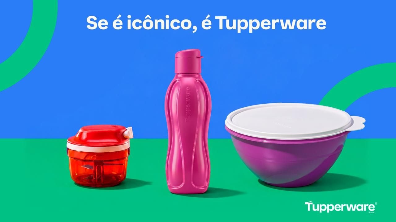 Imagem da campanha publicitária da Tupperware, mostrando potes de plástico