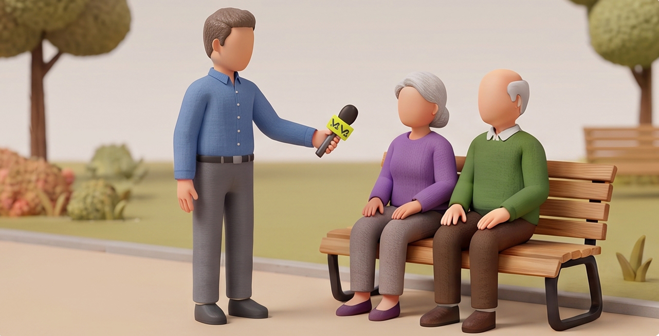 Repórter entrevista um casal de idosos sentado em um banco de praça