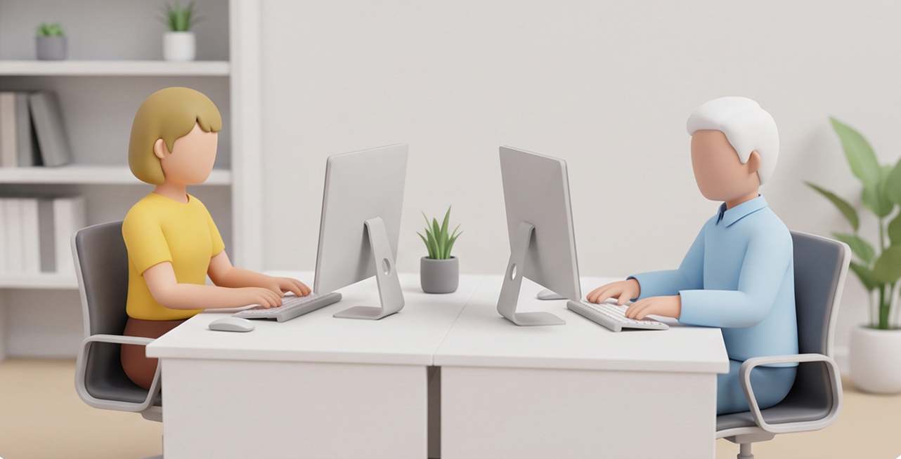 Profissionais de diferentes idades trabalhando juntos em computadores