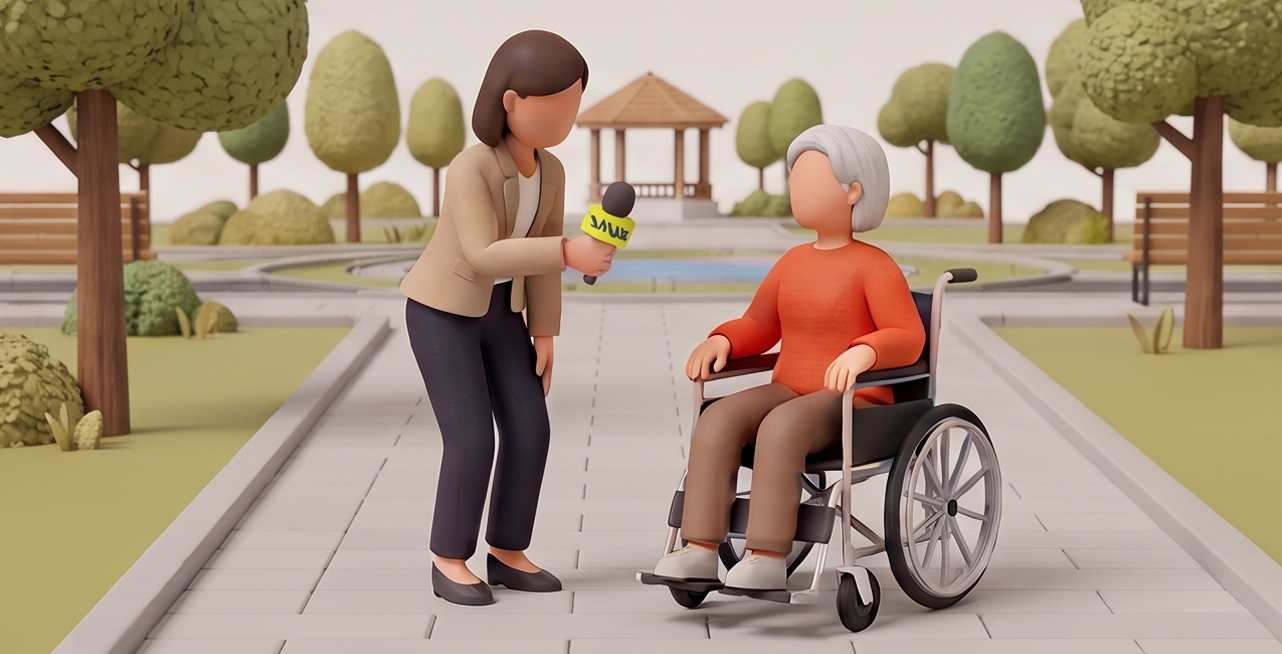 Mulher conversa com um senhor em cadeira de rodas em um parque