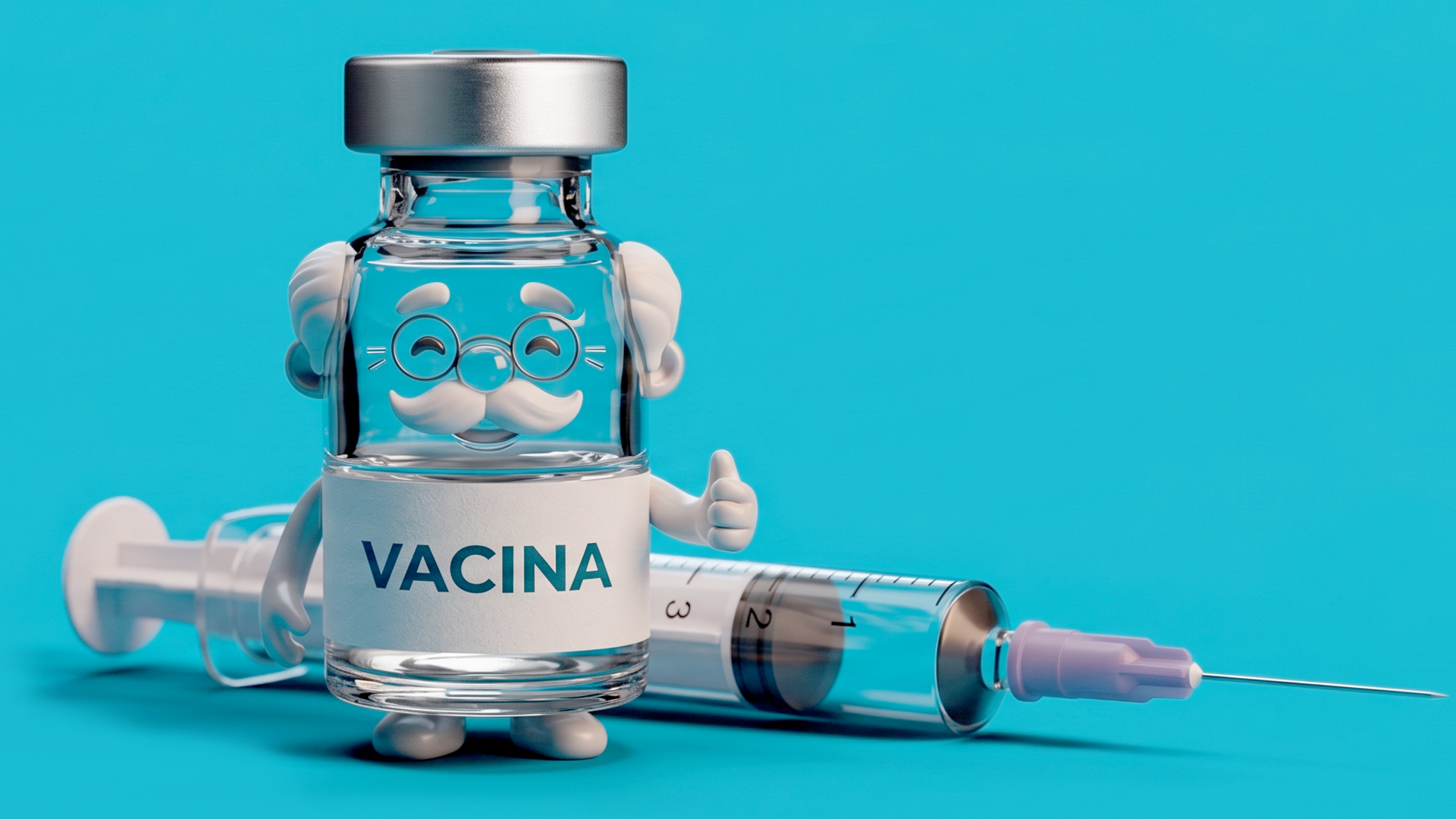 Ilustração de um frasco de vacina com o rótulo VACINA ao lado de uma seringa